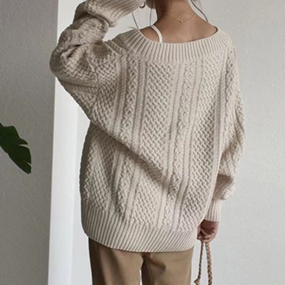 Sweater cable knit twist chunky khaki cream thick long sleeve winter v-neck - Picture 8 of 9